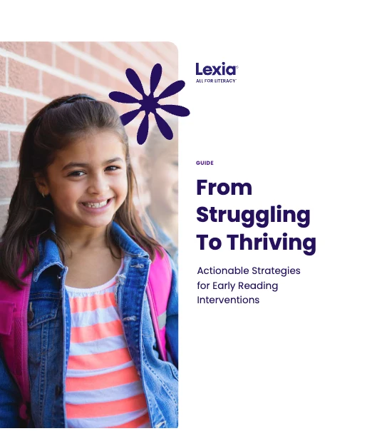 Smiling young girl with backpack stands by a brick wall next to text about early reading interventions from Lexia.
