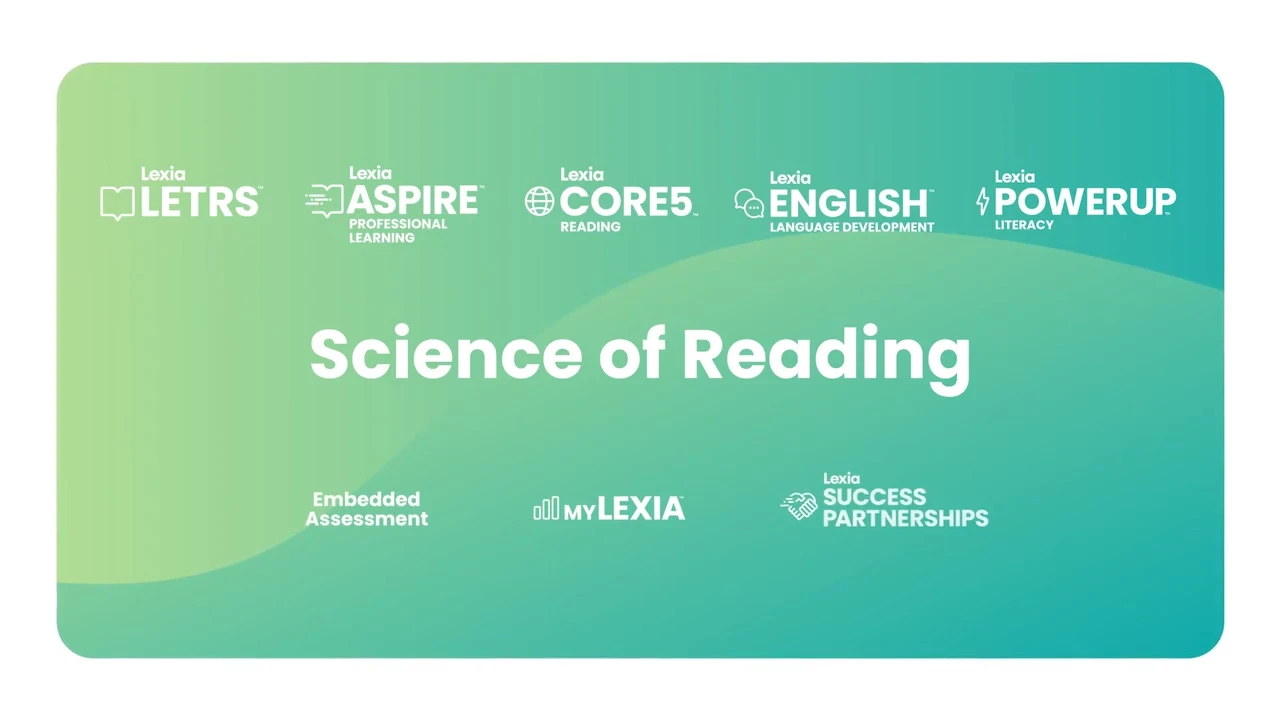 Green graphic with the text Science of Reading and logos for Lexia products like LETRS, Aspire, Core5, English, and PowerUp.