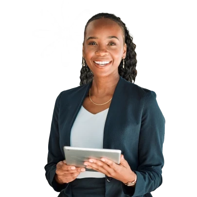 Woman smiling with tablet in her hand