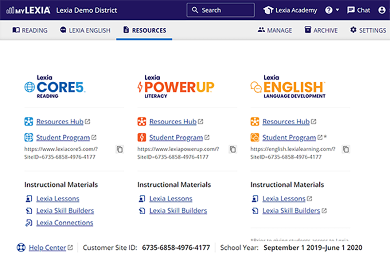 screenshot from myLexia showing access to various Lexia programs